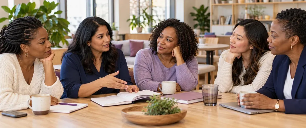 Women talking about money around a table