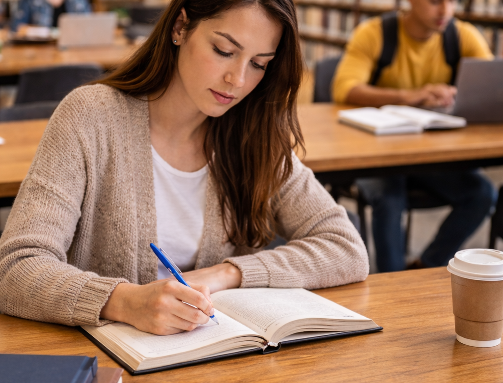 Young woman studying in a library, writing in a notebook. Other work quietly in the background