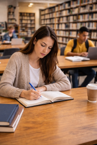 Young woman studying in a library, writing in a notebook. Other work quietly in the background