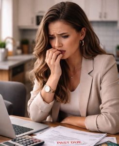 A woman biting her nails, stressed by bills and a "Past Due" notice